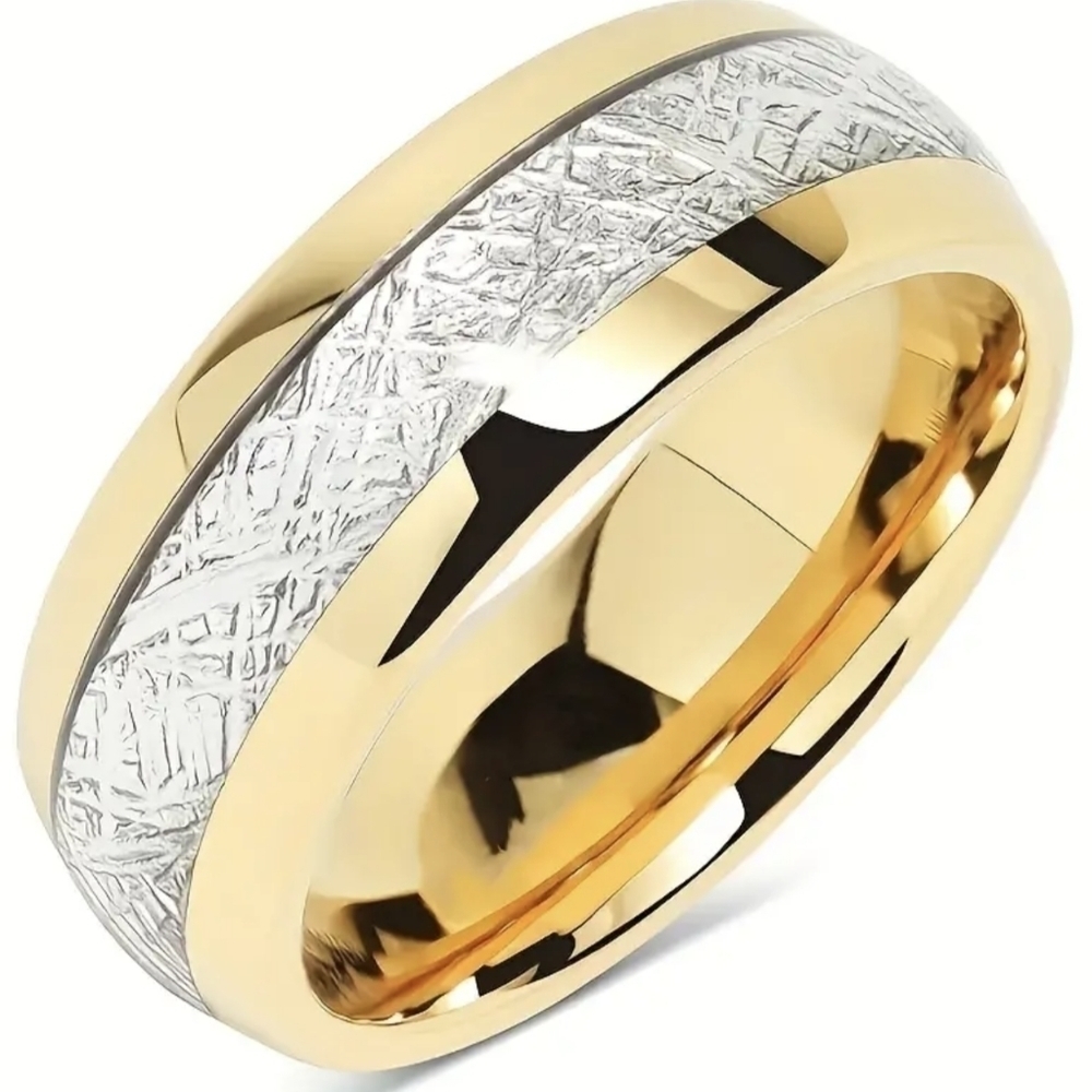 Men’s Gold & Silver Tone Band Ring Textured Inlay Wedding Band Style T1B1A
